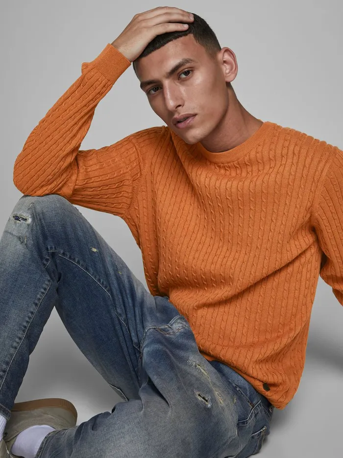 Knitwear JACK and JONES Mens RECYCLED POLYESTER KNITTED PULLOVER Orange Adobe On Sale