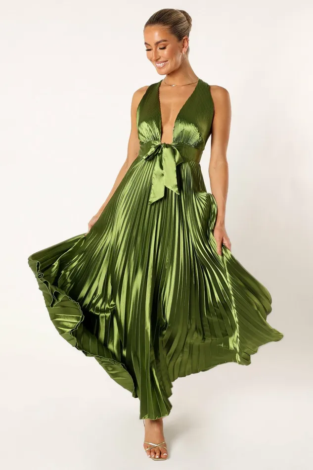 Kris Pleated Maxi Dress Martini Olive Women Satin Dresses Petal and Pup