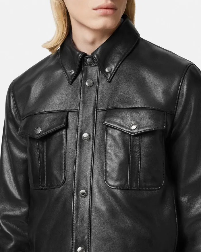 Leather Blouson Jacket Black Men Versace Jackets and Coats