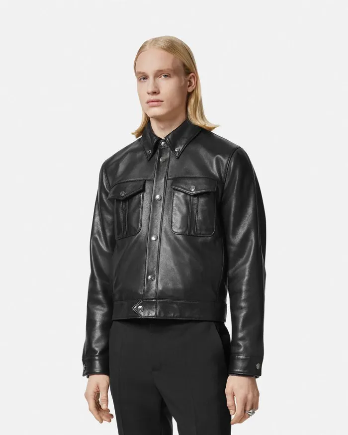 Leather Blouson Jacket Black Men Versace Jackets and Coats