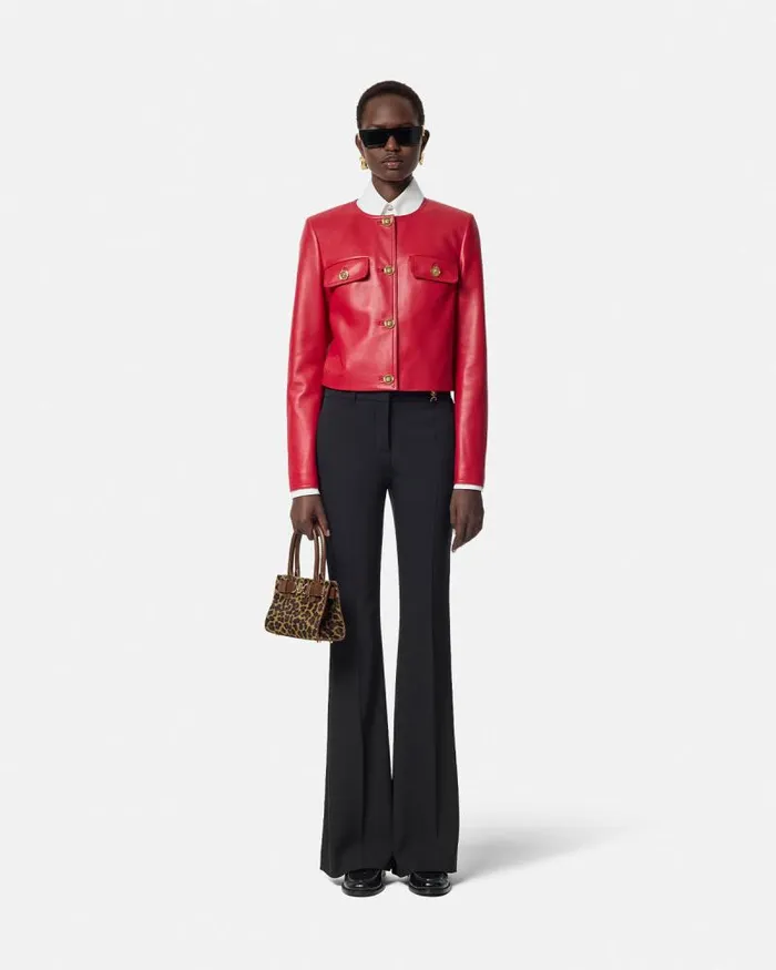 Leather Cardigan Jacket Red Women Versace Outerwear and Coats