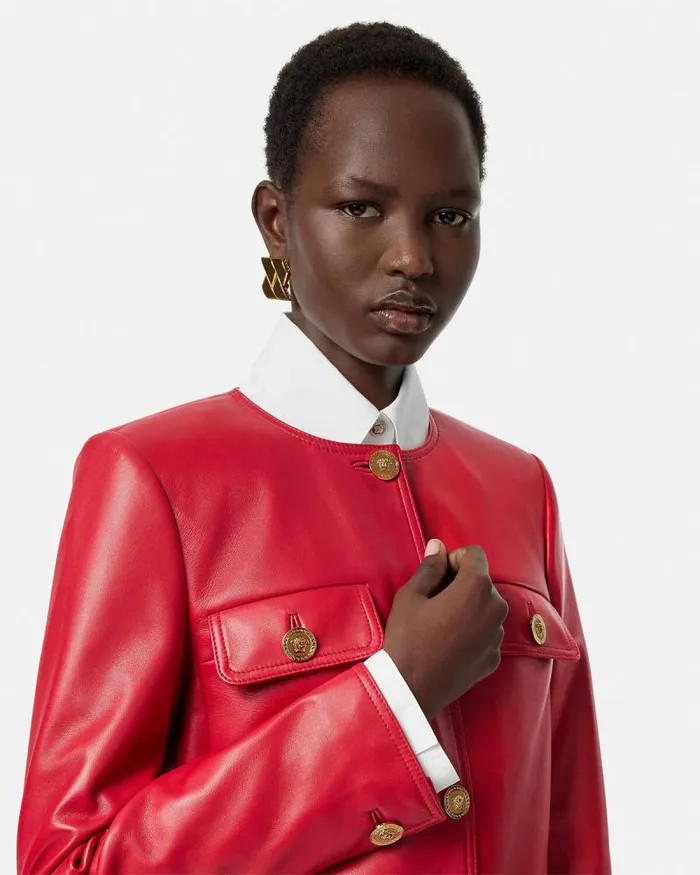 Leather Cardigan Jacket Red Women Versace Outerwear and Coats