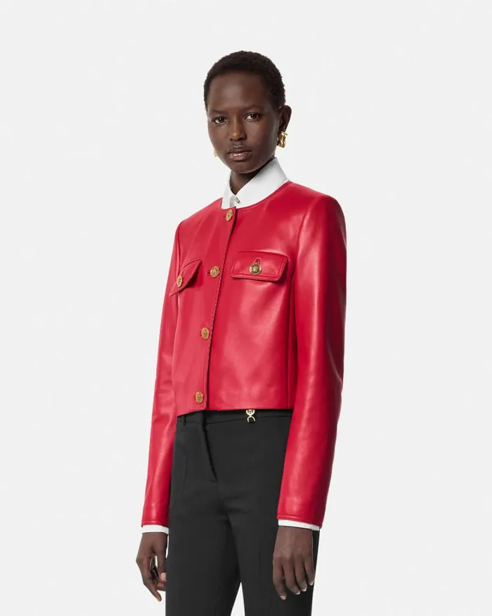 Leather Cardigan Jacket Red Women Versace Outerwear and Coats