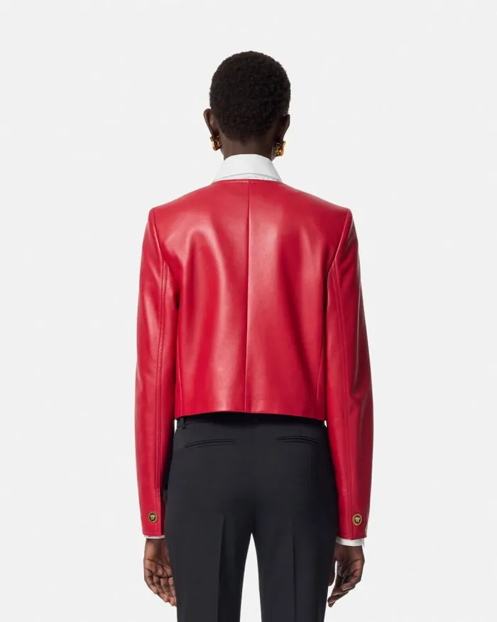Leather Cardigan Jacket Red Women Versace Outerwear and Coats