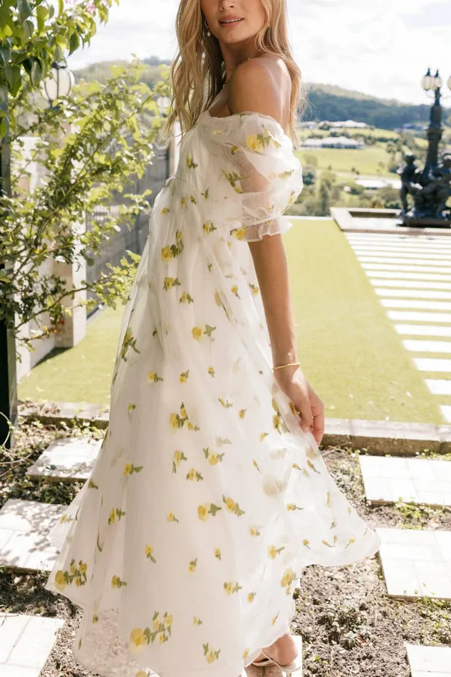Long Sleeve Dresses Kordyn Maxi Dress White Yellow Floral Petal and Pup Women