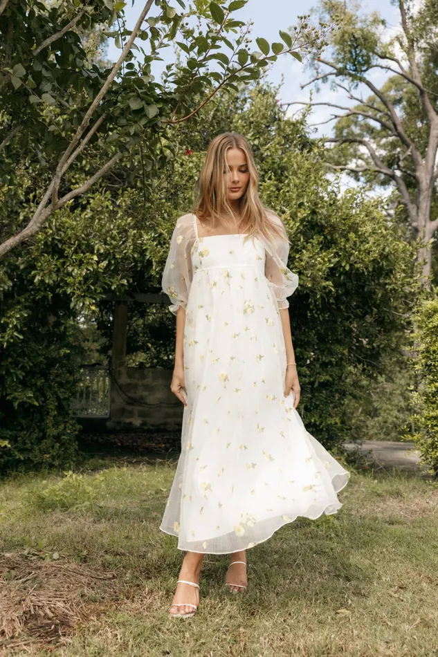 Long Sleeve Dresses Kordyn Maxi Dress White Yellow Floral Petal and Pup Women