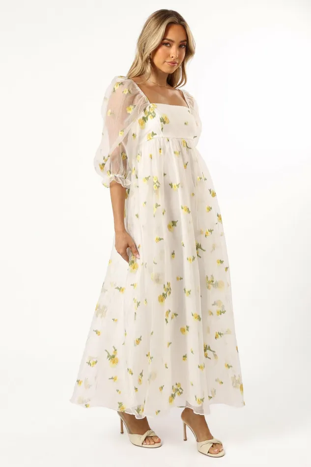 Long Sleeve Dresses Kordyn Maxi Dress White Yellow Floral Petal and Pup Women
