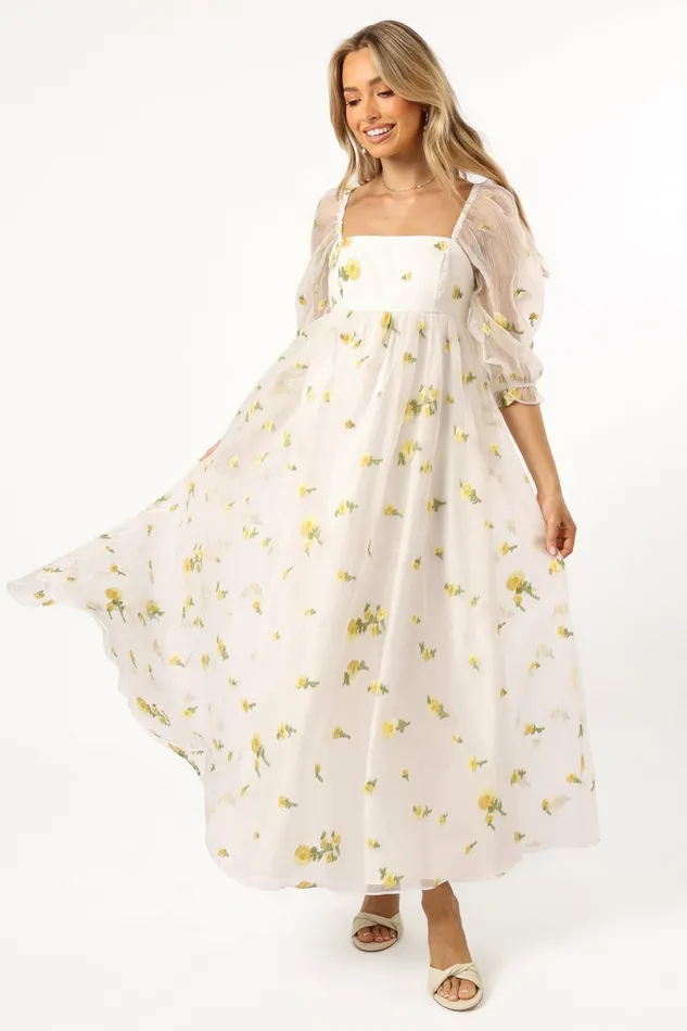 Long Sleeve Dresses Kordyn Maxi Dress White Yellow Floral Petal and Pup Women