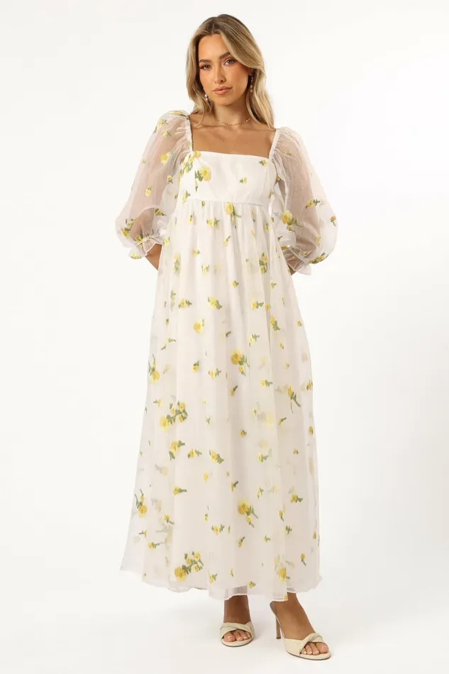 Long Sleeve Dresses Kordyn Maxi Dress White Yellow Floral Petal and Pup Women