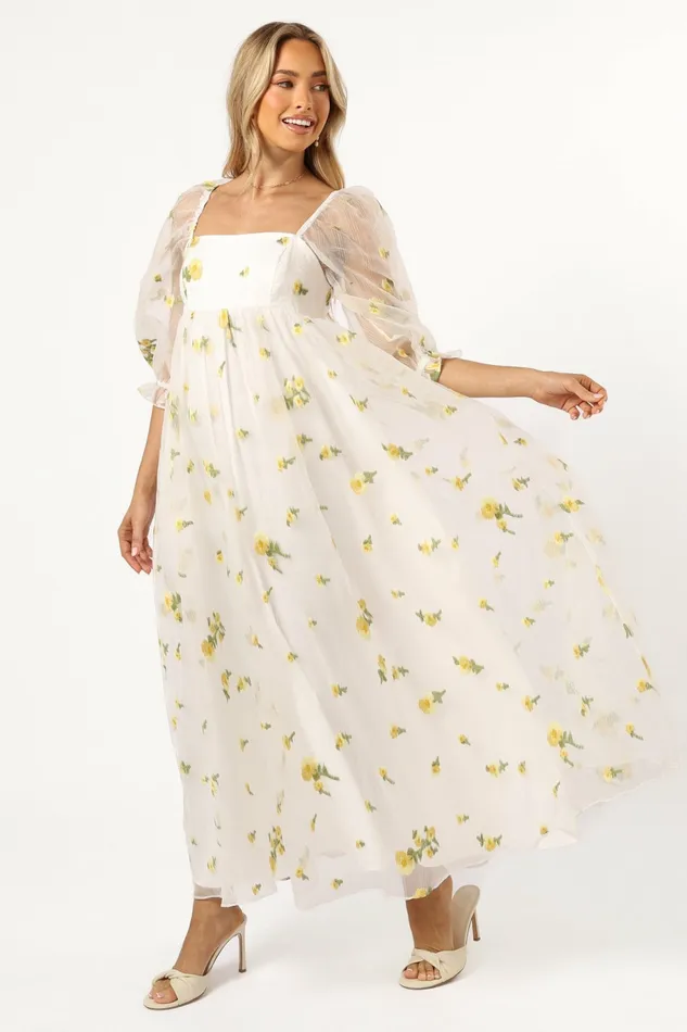 Long Sleeve Dresses Kordyn Maxi Dress White Yellow Floral Petal and Pup Women