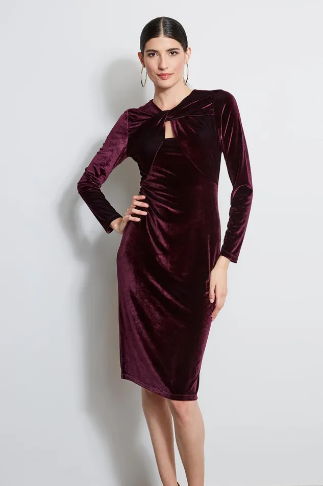 Long Sleeve Dresses Women Elie Tahari Twist Neck Velvet Dress MERLOT