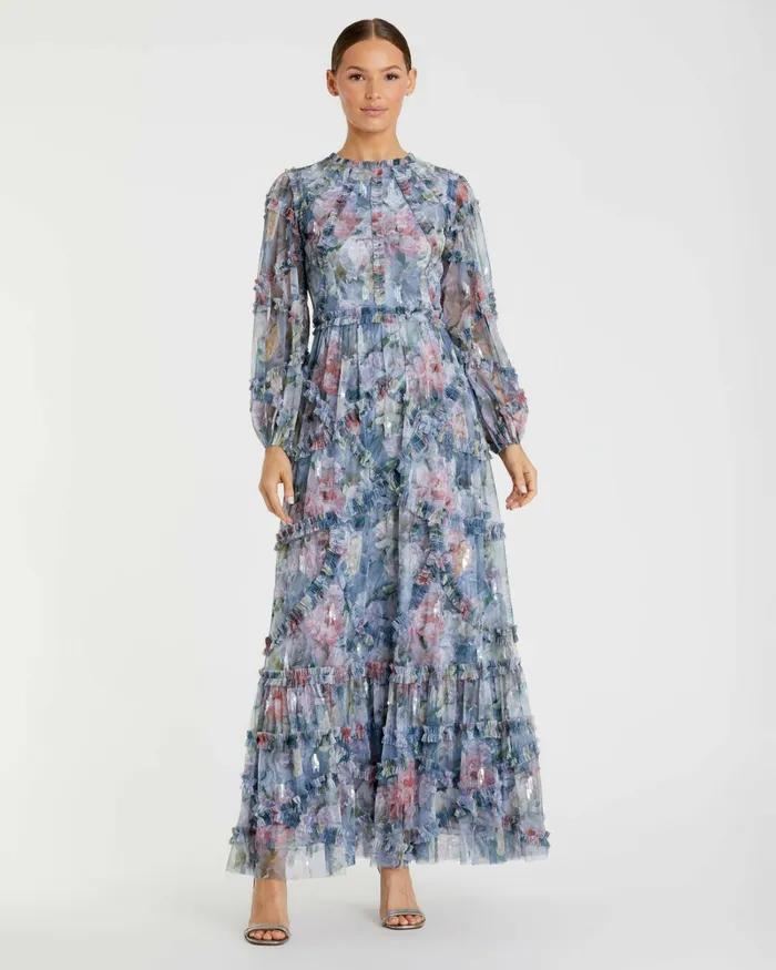 Long Sleeve High Neck Sequin Detail Ruffle Dress Platinum Multi Daytime Dresses Mac Duggal Women