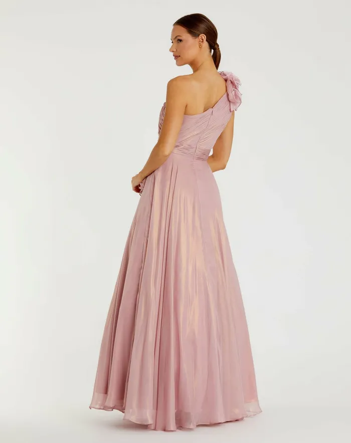 Mac Duggal Iridescent One Shoulder Rosette Ball Gown RoseGold Women Best Sellers