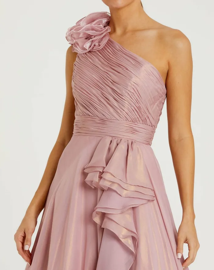 Mac Duggal Iridescent One Shoulder Rosette Ball Gown RoseGold Women Best Sellers