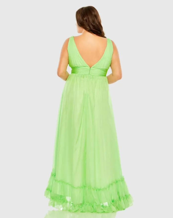 Mac Duggal Plunge Neck Sleeveless Ruffle Tiered Front Slit Gown 8211 FINAL SALE Mojito Women Plus Size Dresses