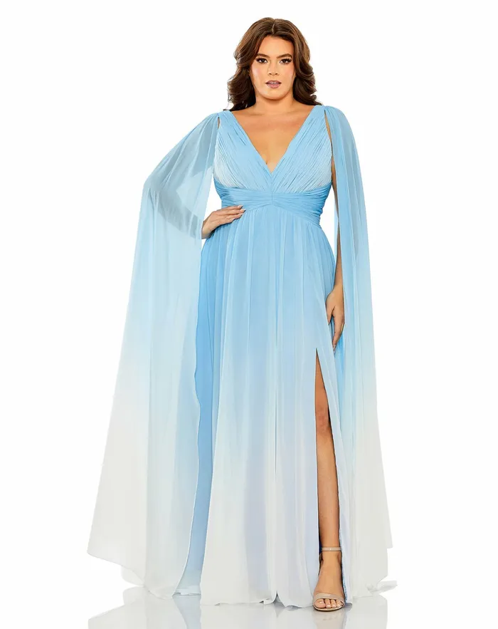 Mac Duggal Plus Size Dresses Women VNeck Cape Sleeve Ombre Dress Blue Ombre
