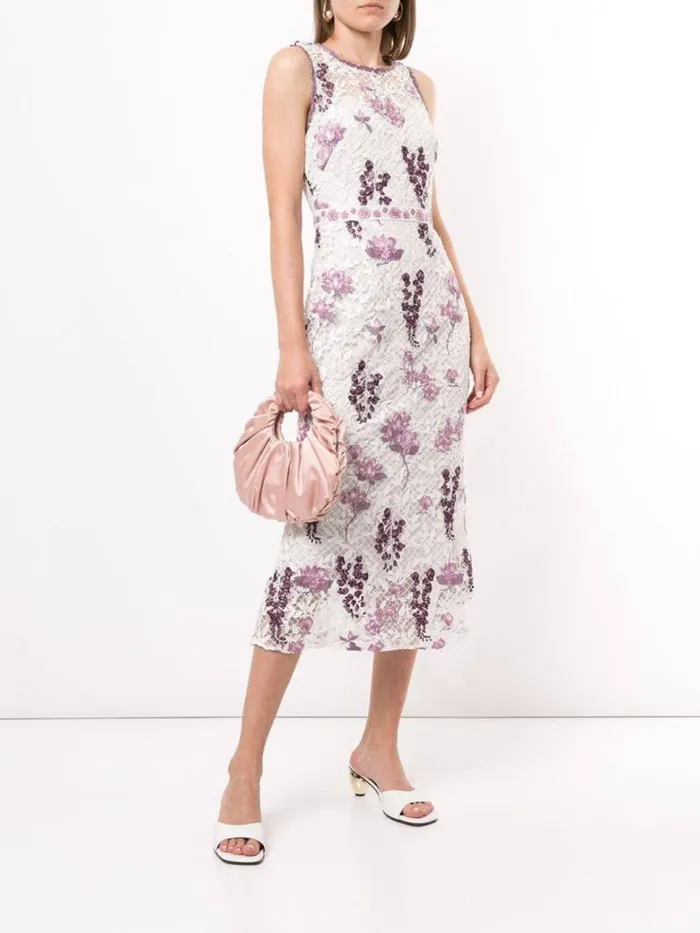 Marchesa Marchesa Notte Sleeveless Floral Guipure Dress Ivory Lilac 8211 Women