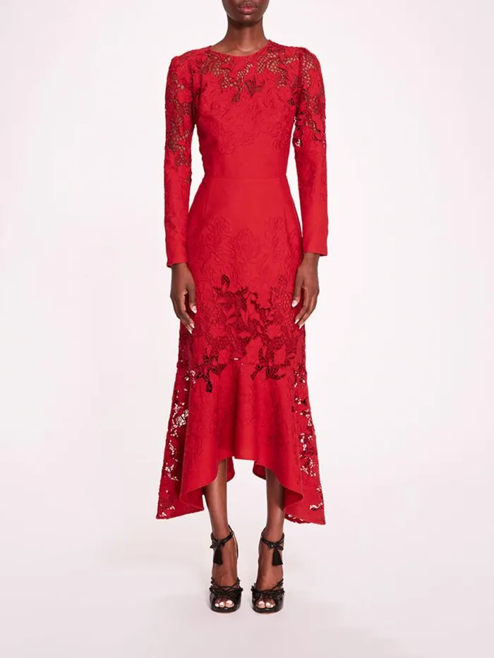 Marchesa Marchesa Rosa Linen Lace Maxi Dress Red 8211 Women