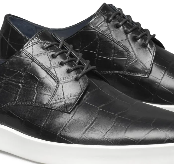 Men Johnston and Murphy LaceUps Bolivar Plain Toe Black Croc Embossed Calfskin