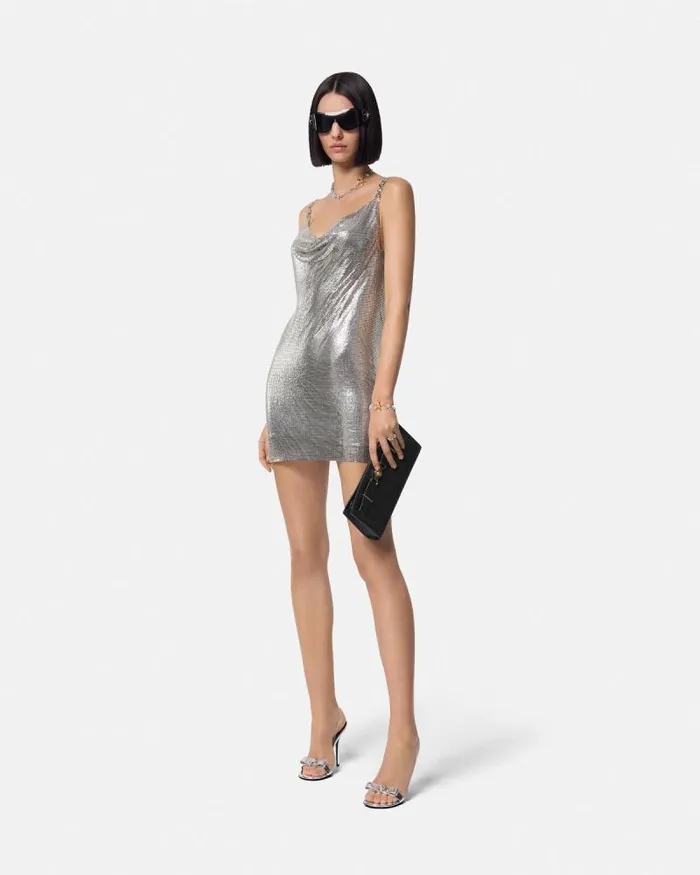 Metal Mesh Slip Mini Dress Silver Women Versace Dresses