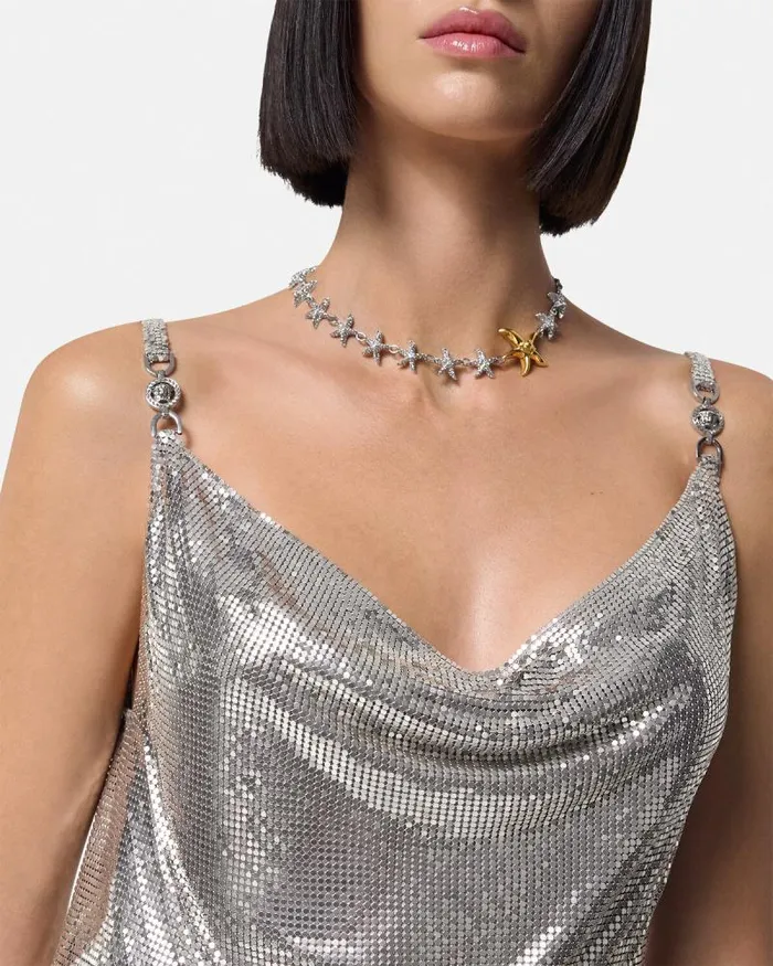 Metal Mesh Slip Mini Dress Silver Women Versace Dresses