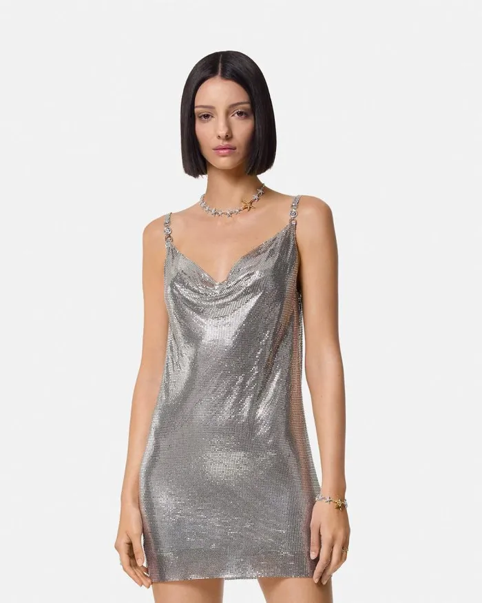 Metal Mesh Slip Mini Dress Silver Women Versace Dresses