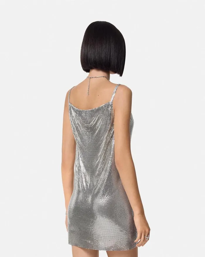 Metal Mesh Slip Mini Dress Silver Women Versace Dresses