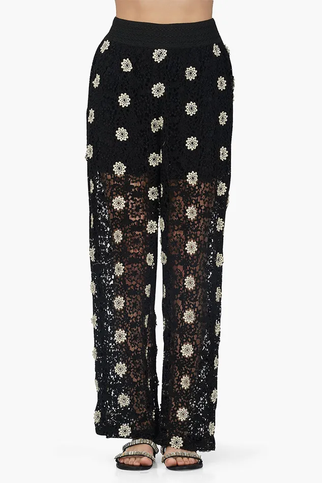 Pants Women America and Beyond Floral Crochet Cut Out Black Pant