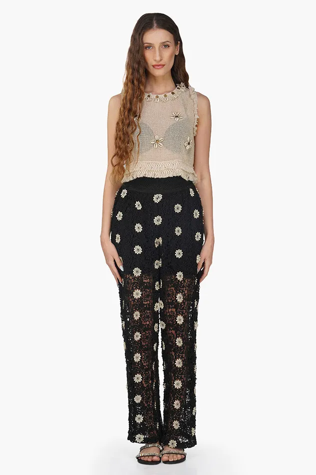 Pants Women America and Beyond Floral Crochet Cut Out Black Pant