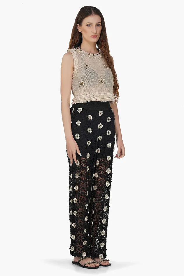 Pants Women America and Beyond Floral Crochet Cut Out Black Pant