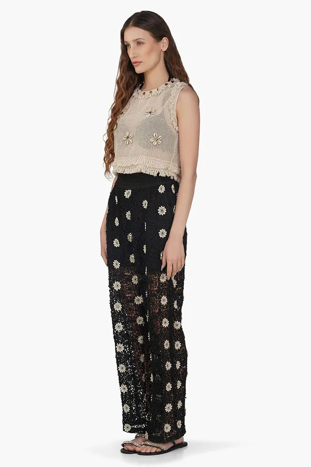 Pants Women America and Beyond Floral Crochet Cut Out Black Pant