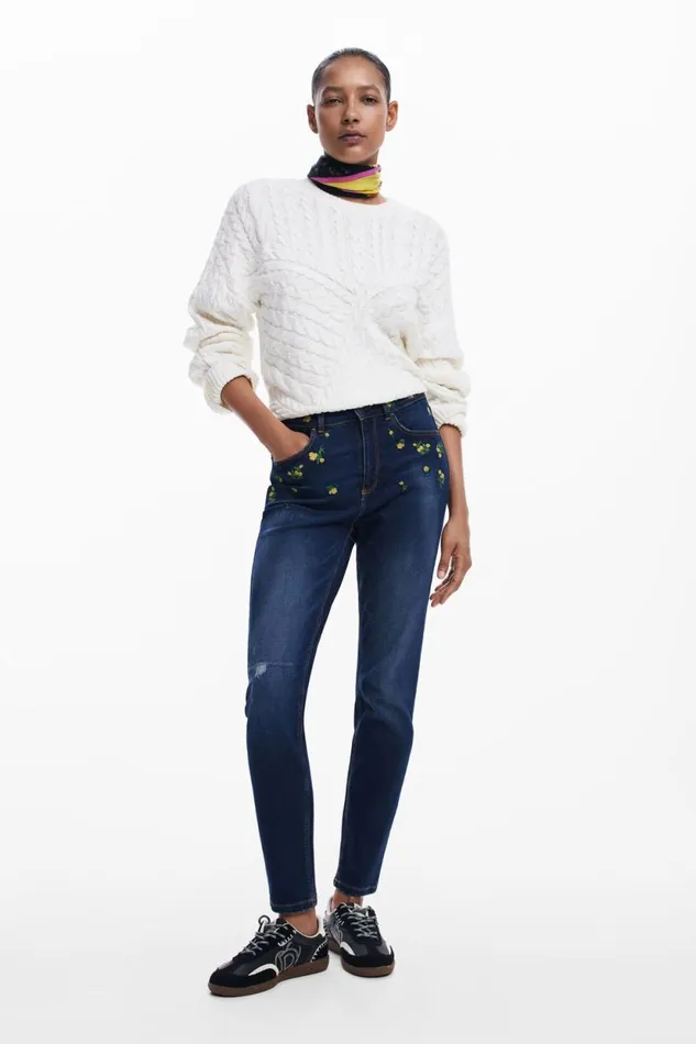 Pants Women Desigual Floral Denim Pants Blue
