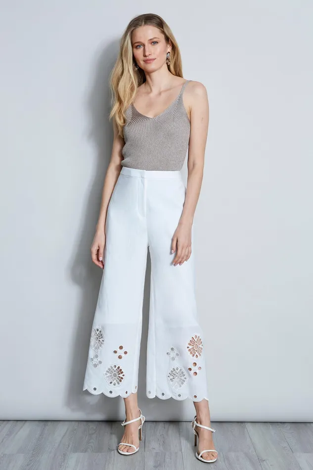 Pants Women Elie Tahari Scallop Embroidered Linen Pant WHITE