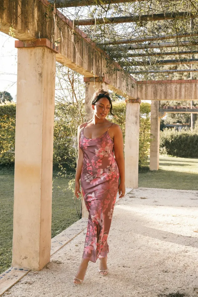 Petal and Pup Jamie Maxi Slip Dress Dark Rose Floral Women Satin Dresses