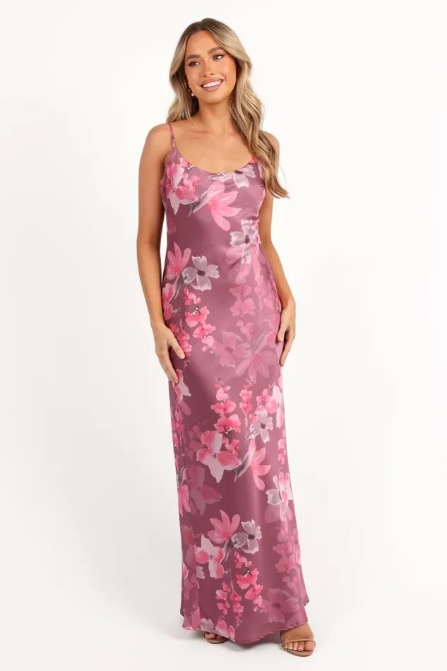 Petal and Pup Jamie Maxi Slip Dress Dark Rose Floral Women Satin Dresses