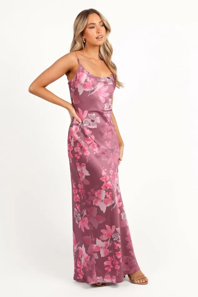 Petal and Pup Jamie Maxi Slip Dress Dark Rose Floral Women Satin Dresses
