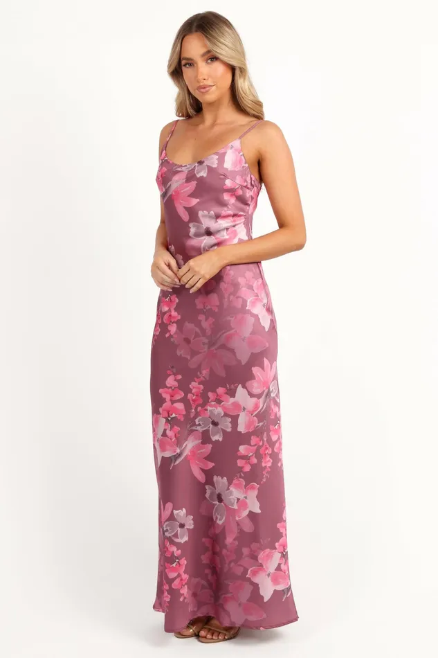 Petal and Pup Jamie Maxi Slip Dress Dark Rose Floral Women Satin Dresses