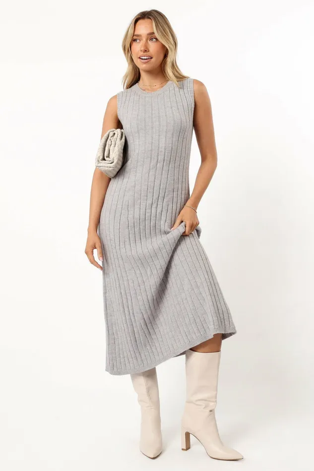 Petal and Pup Kellie Knit Midi Dress Grey Women Fall Dresses