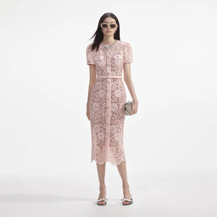 Pink Lace Diamante Bow Midi Dress Women Self Portrait Dresses