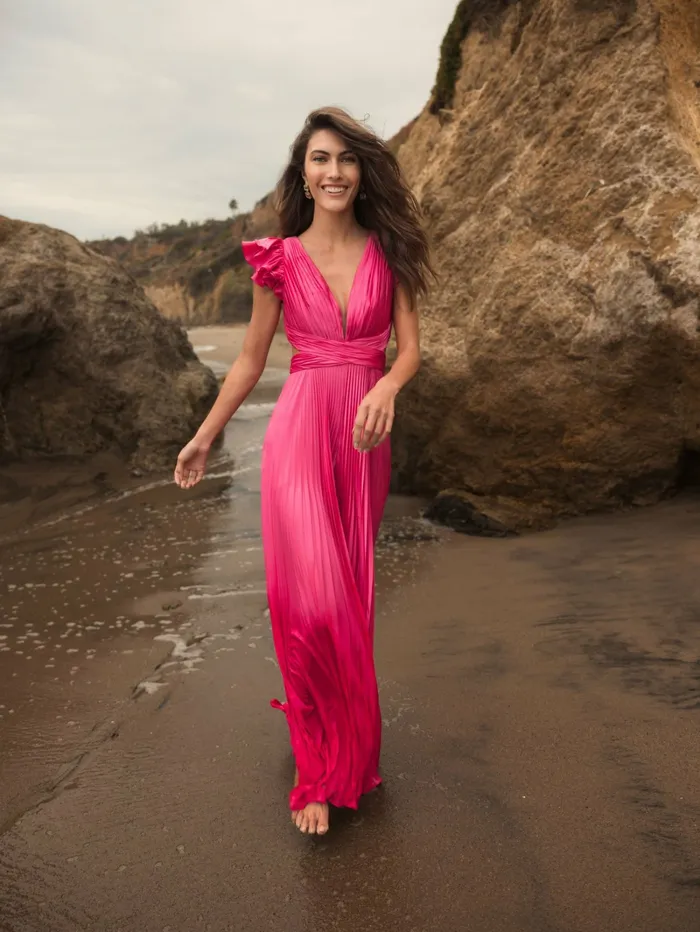 Pink Ruffle Cap Sleeve Cutout Heat Pleated Jumpsuit Candy Pink Women Jumpsuits and Rompers Mac Duggal