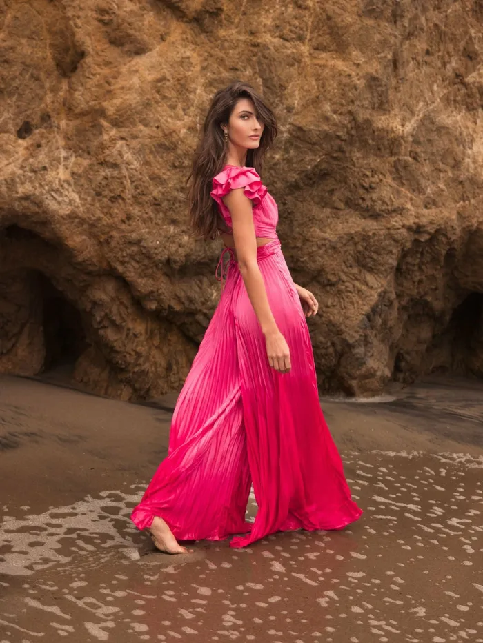 Pink Ruffle Cap Sleeve Cutout Heat Pleated Jumpsuit Candy Pink Women Jumpsuits and Rompers Mac Duggal