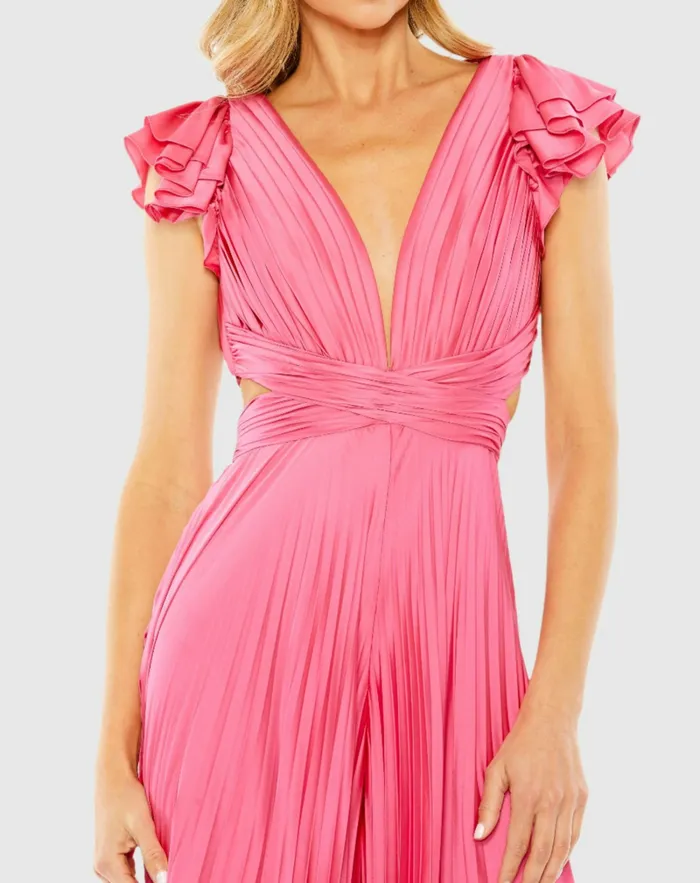 Pink Ruffle Cap Sleeve Cutout Heat Pleated Jumpsuit Candy Pink Women Jumpsuits and Rompers Mac Duggal