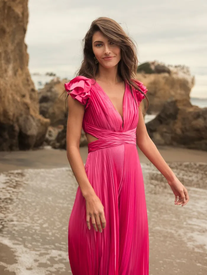 Pink Ruffle Cap Sleeve Cutout Heat Pleated Jumpsuit Candy Pink Women Jumpsuits and Rompers Mac Duggal