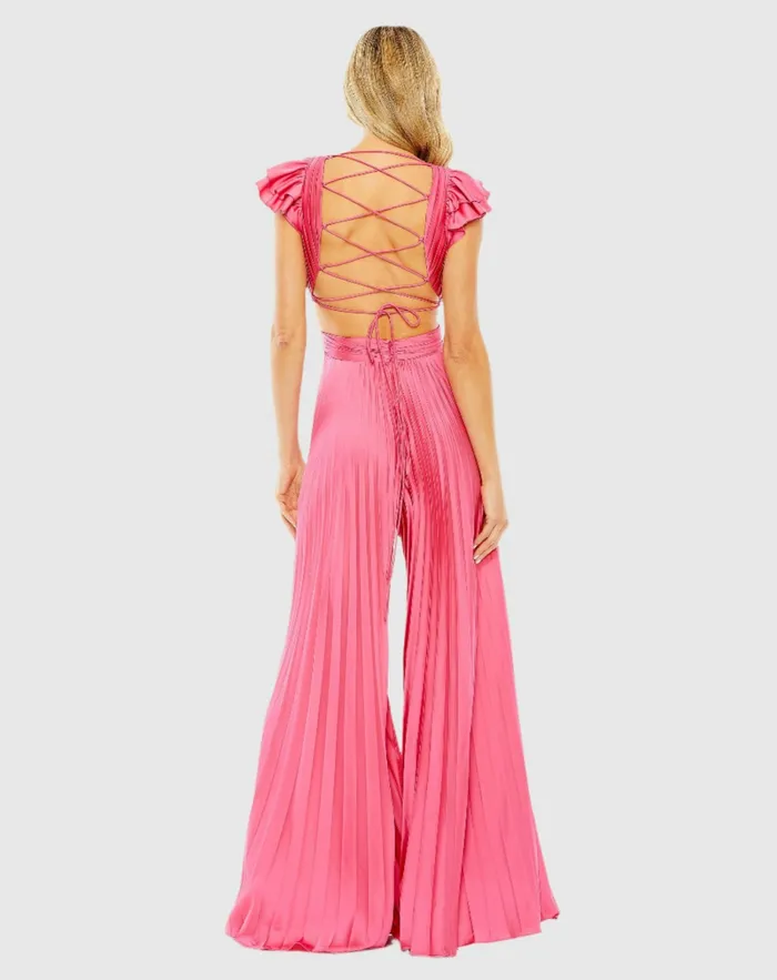 Pink Ruffle Cap Sleeve Cutout Heat Pleated Jumpsuit Candy Pink Women Jumpsuits and Rompers Mac Duggal