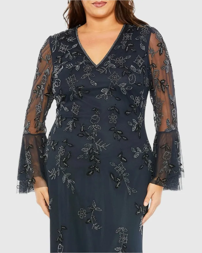 Plus Size Dresses V Neck Embellished Flutter Tiered Long Sleeve Dress Midnight 8211 Mac Duggal Women