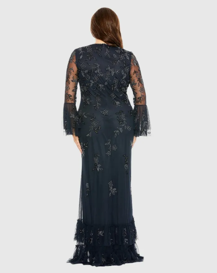 Plus Size Dresses V Neck Embellished Flutter Tiered Long Sleeve Dress Midnight 8211 Mac Duggal Women