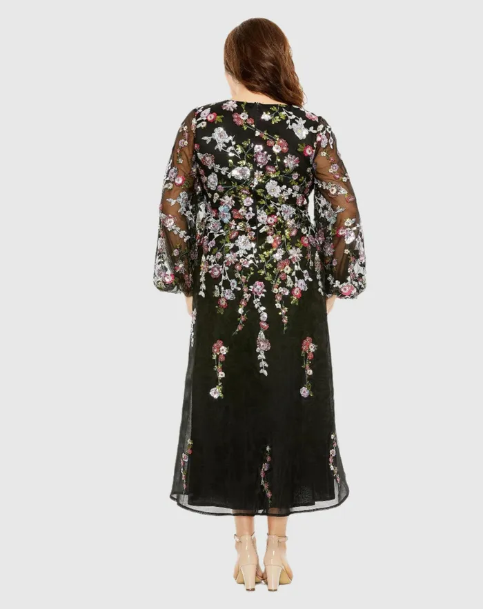 Plus Size Dresses Women Mac Duggal Puff Sleeve Embellished A Line Dress Black Multi