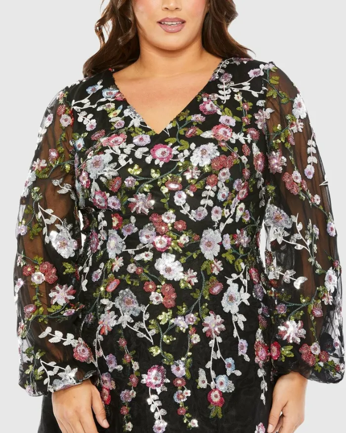 Plus Size Dresses Women Mac Duggal Puff Sleeve Embellished A Line Dress Black Multi