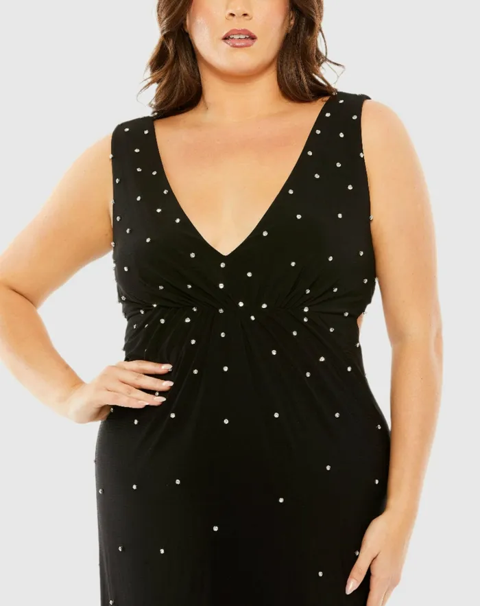 Plus Size Dresses Women Mac Duggal Rhinestone Embellished Open Back Jersey Gown Plus Black