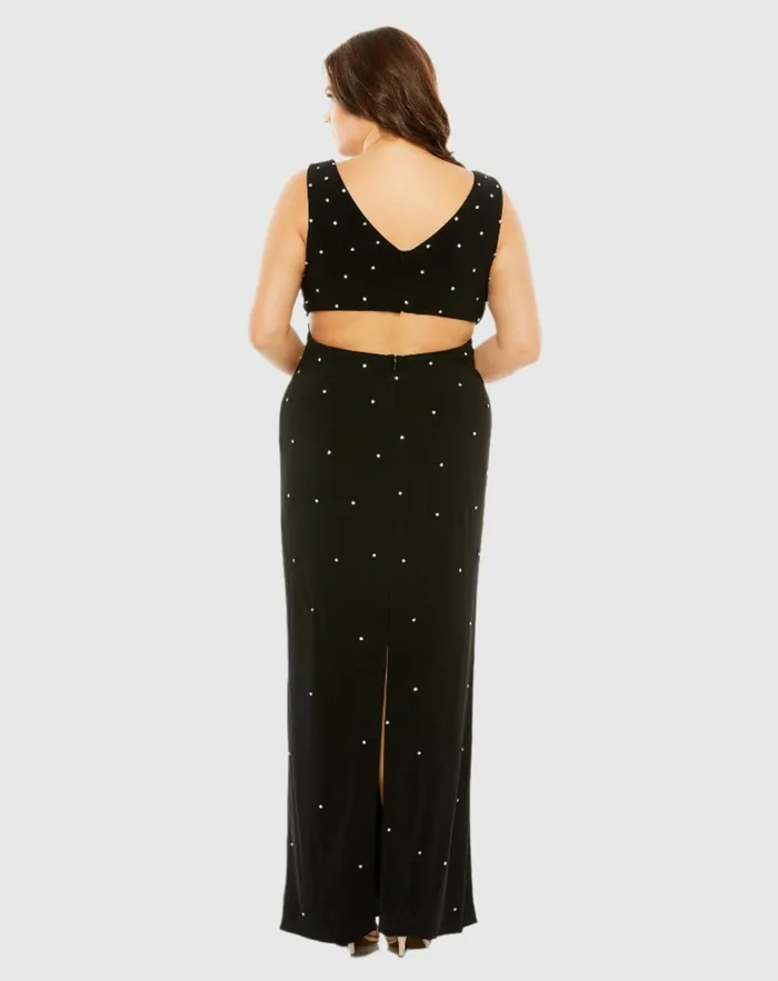 Plus Size Dresses Women Mac Duggal Rhinestone Embellished Open Back Jersey Gown Plus Black